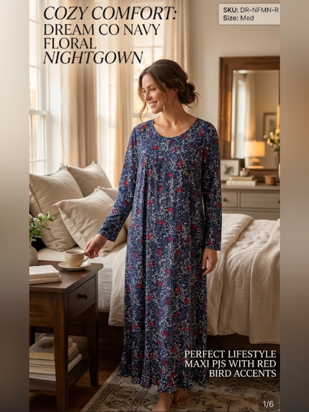 Dreams Co Navy Floral Maxi Nightgown with Red Accents